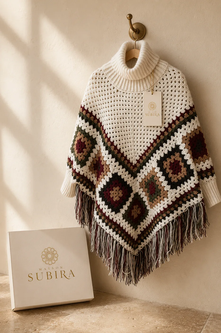 Handmade Crochet Roll-Neck Fringe Poncho
