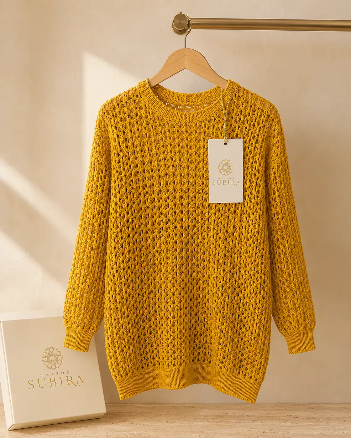 Handmade Crochet Mustard Open-Knit Sweater