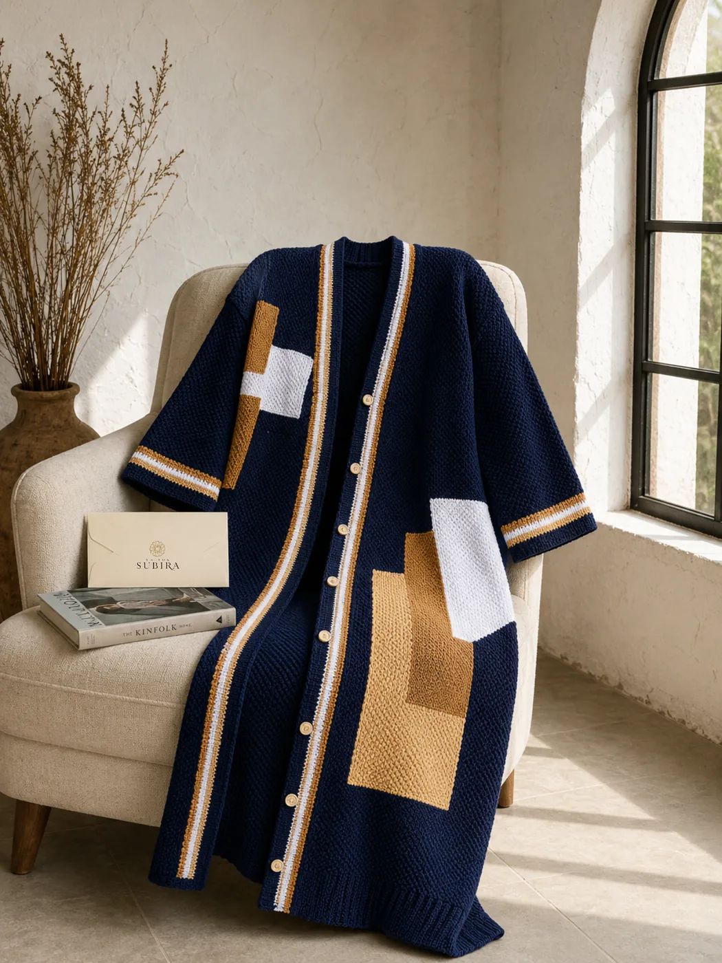 Handmade Crochet Navy Colorblock Longline Cardigan