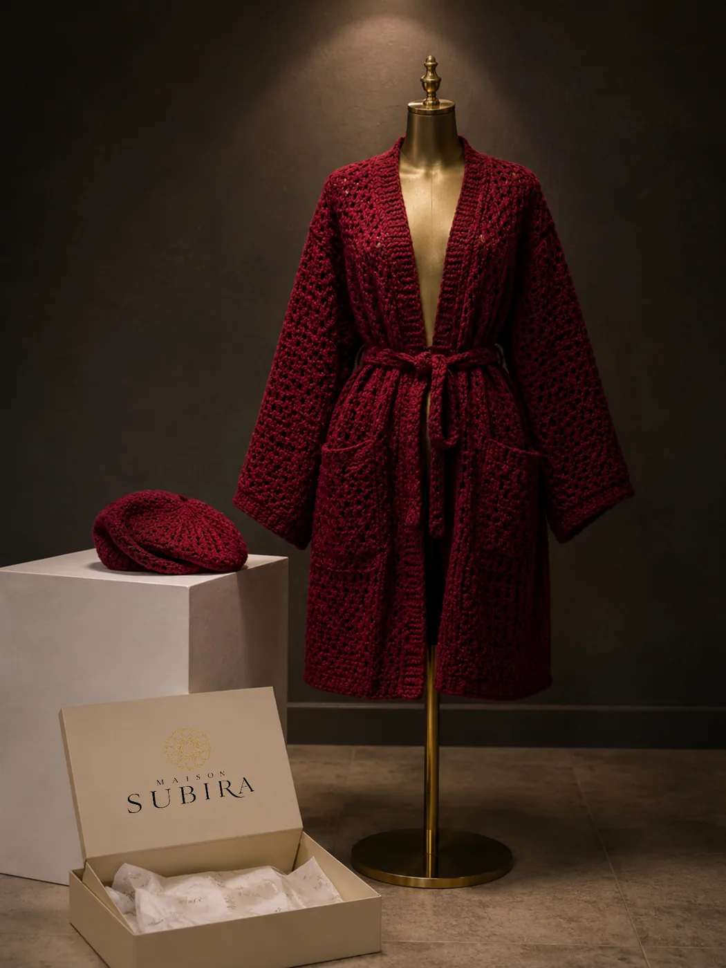 Handmade Crochet Burgundy Cardigan and Beret Set handmade crochet from Rwanda