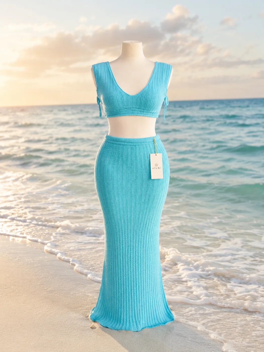 Handmade Crochet Aqua Crop Top and Maxi Skirt Set