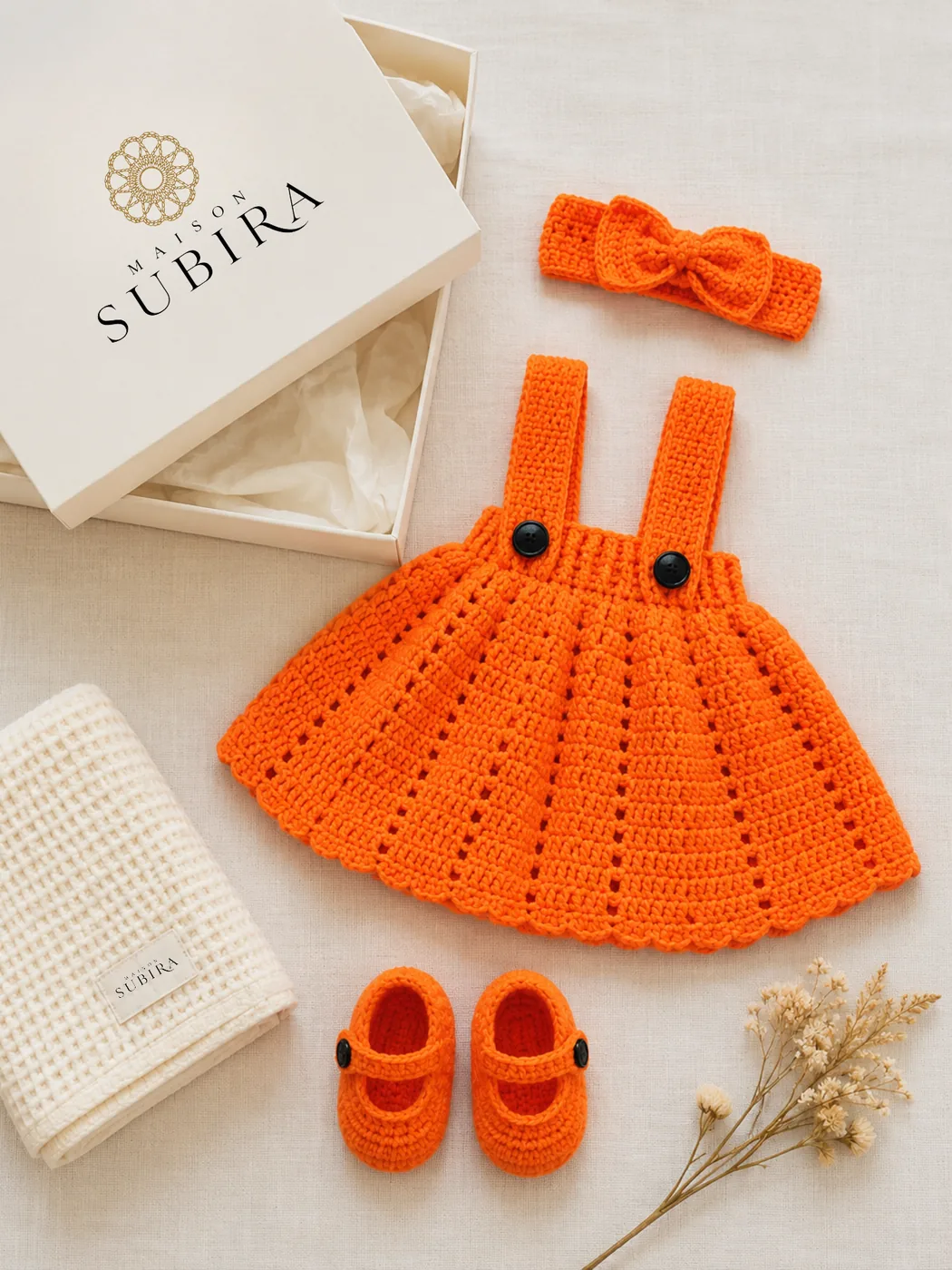 Handmade Crochet Tangerine Baby Dress Gift Set