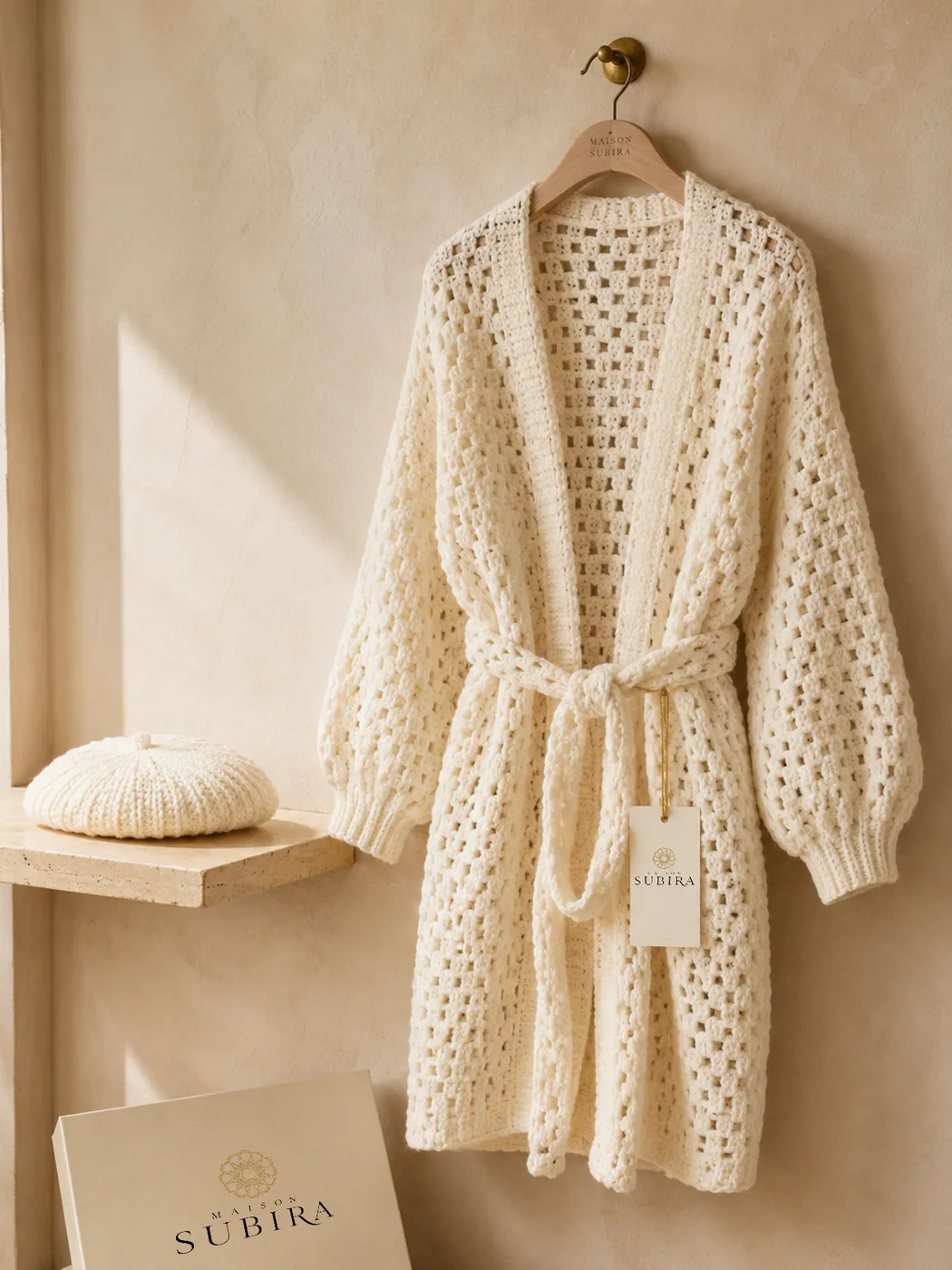 Handmade Crochet Ivory Belted Cardigan and Beret Set handmade crochet from Rwanda