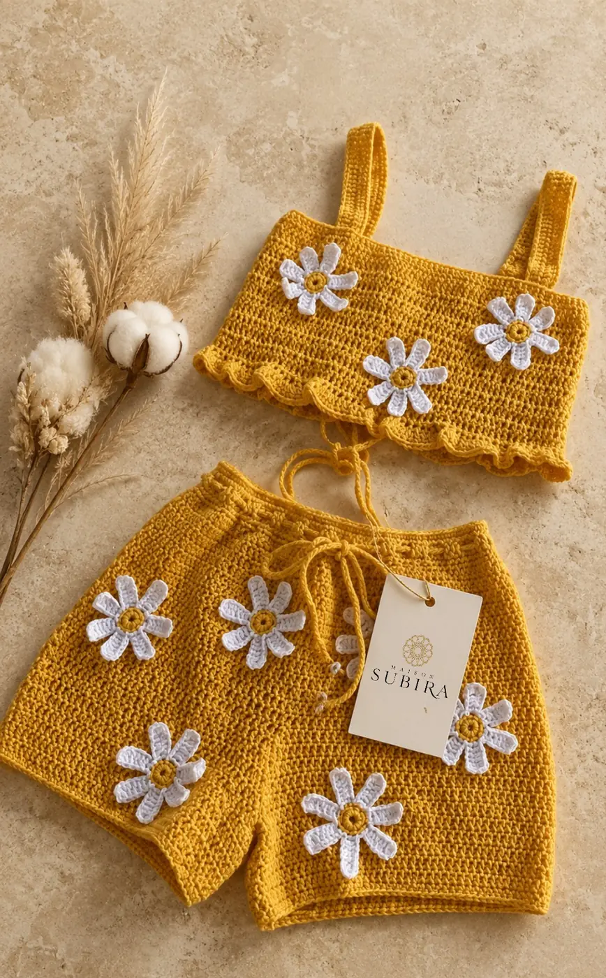 Handmade Crochet Daisy Crop Top and Shorts Set handmade crochet from Rwanda
