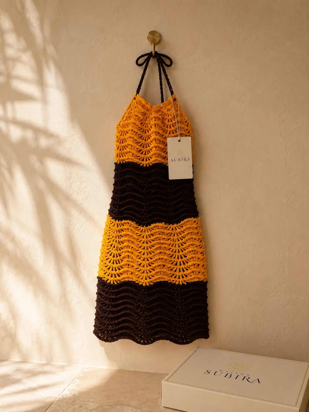 Handmade Crochet Halter Mini Dress in Gold and Brown