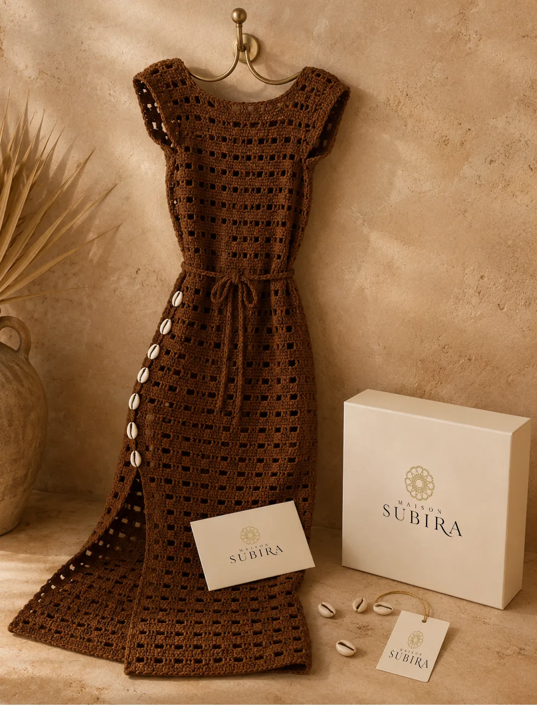 Handmade Crochet Cowrie Shell Maxi Dress in Caramel Brown handmade crochet from Rwanda